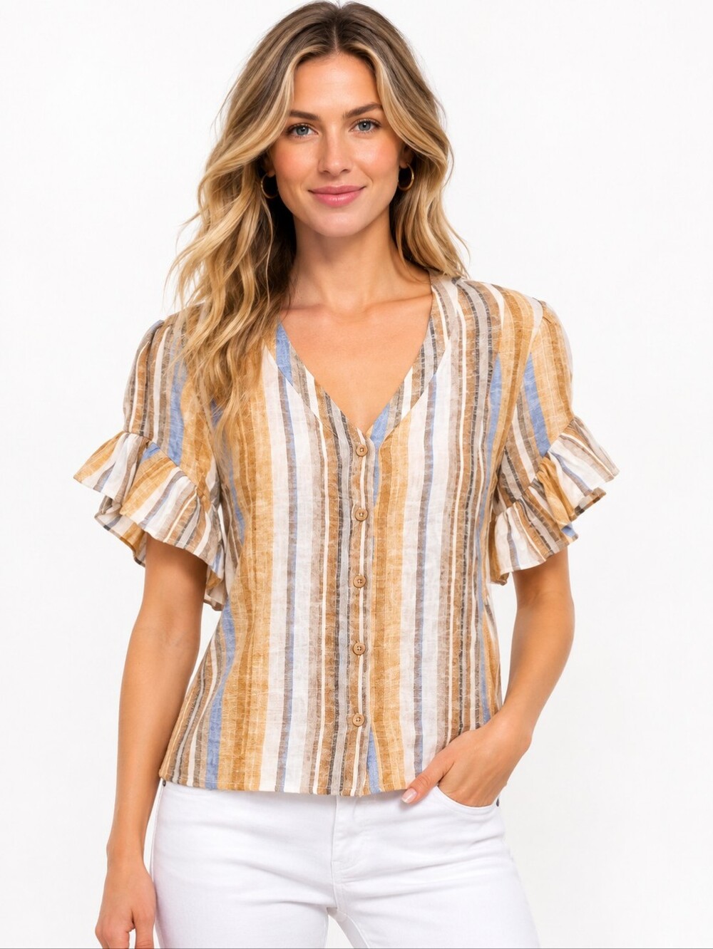 ❤️ ANTHROPOLOGIE DREW BEVERLY LINEN BLEND STRIPED RUFFLE SLEEVE BUTTON DOWN TOP